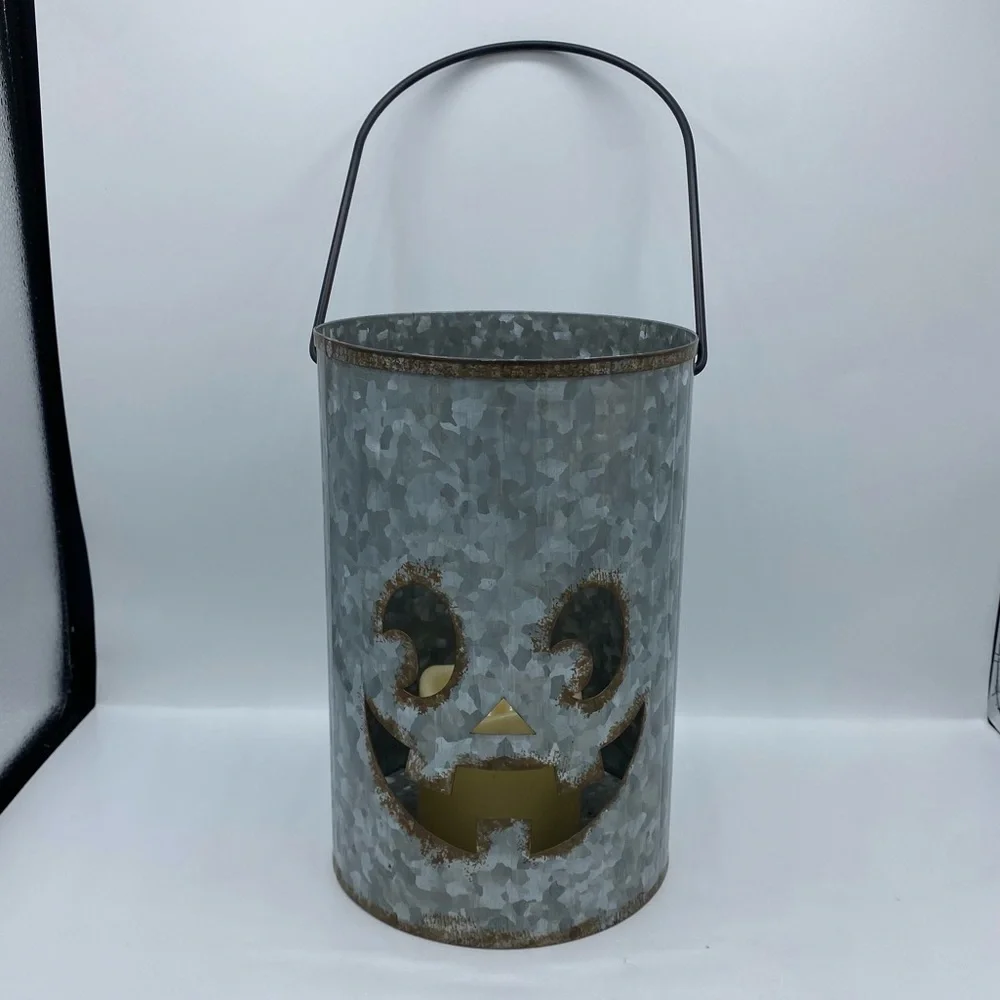 Rustic‎ Gray galvanized Metal Jack-O'-Lantern Electric Candle Halloween fall